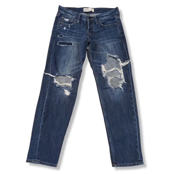 Abercrombie & Fitch Jeans Size 2R Boyfriend Straight Jean Distressed Destroyed - Picture 1 of 6
